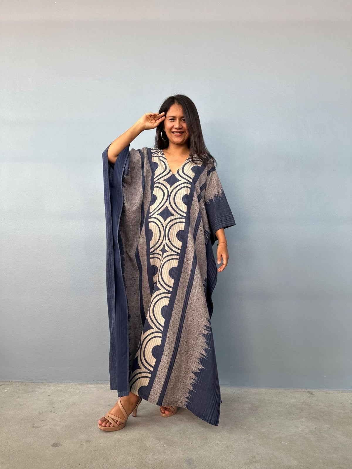 Evelyn Cotton Kaftan in Indigo Crescent-E-104-Mala Handworks