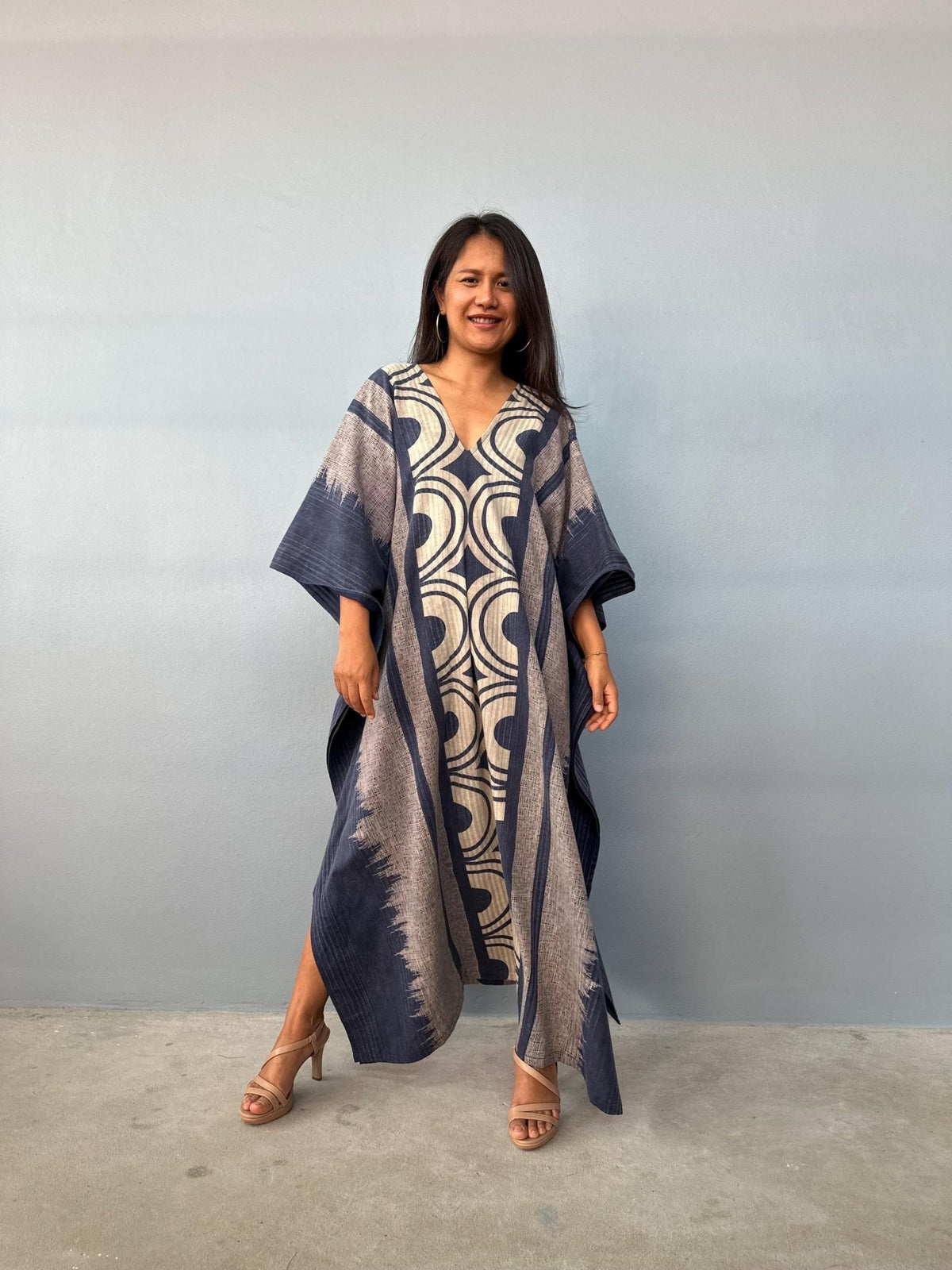 Evelyn Cotton Kaftan in Indigo Crescent-E-104-Mala Handworks