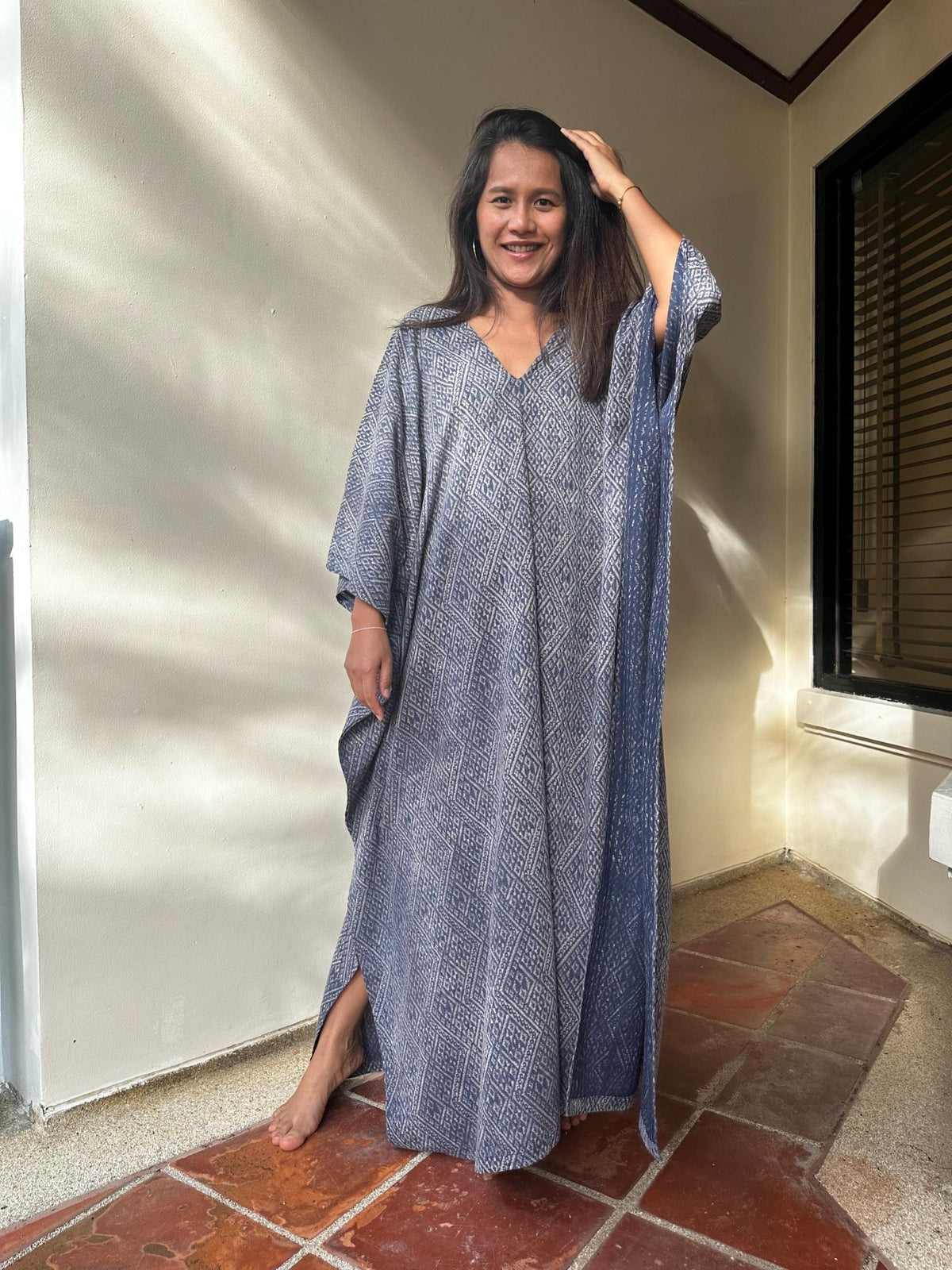 Evelyn Cotton Kaftan in Indigo Micro Lattice-E-108-Mala Handworks