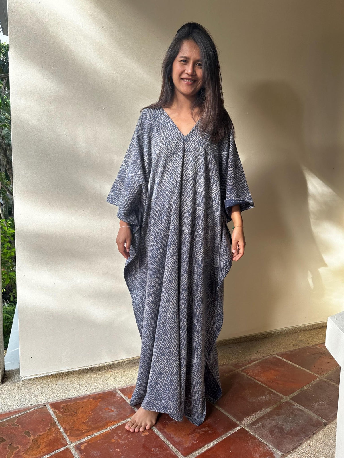 Evelyn Cotton Kaftan in Indigo Micro Lattice-E-108-Mala Handworks
