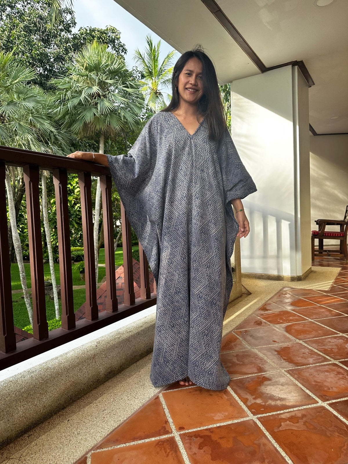 Evelyn Cotton Kaftan in Indigo Micro Lattice-E-108-Mala Handworks