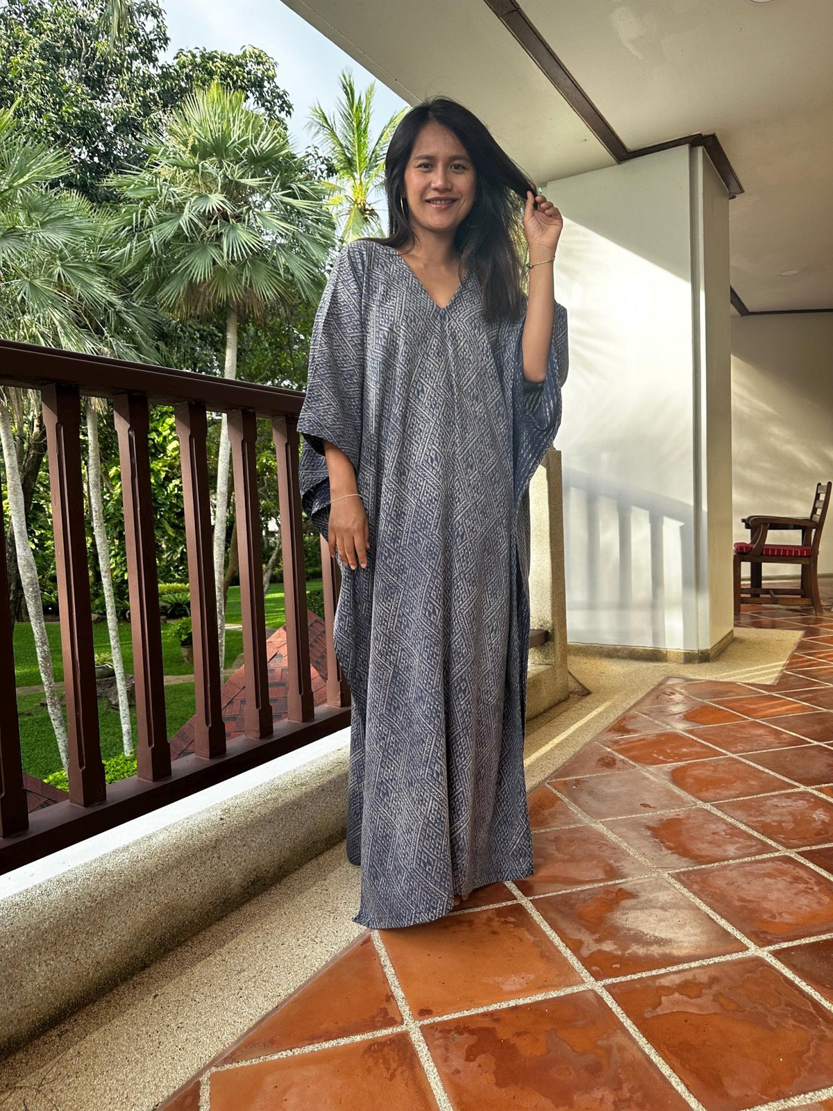 Evelyn Cotton Kaftan in Indigo Micro Lattice-E-108-Mala Handworks