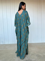 MALA handworks  Evelyn Kaftan in Teal Blue and Floral Pattern