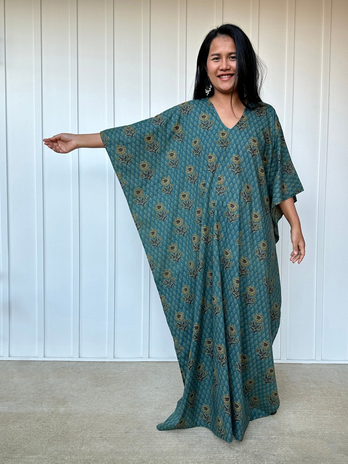MALA handworks  Evelyn Kaftan in Teal Blue and Floral Pattern