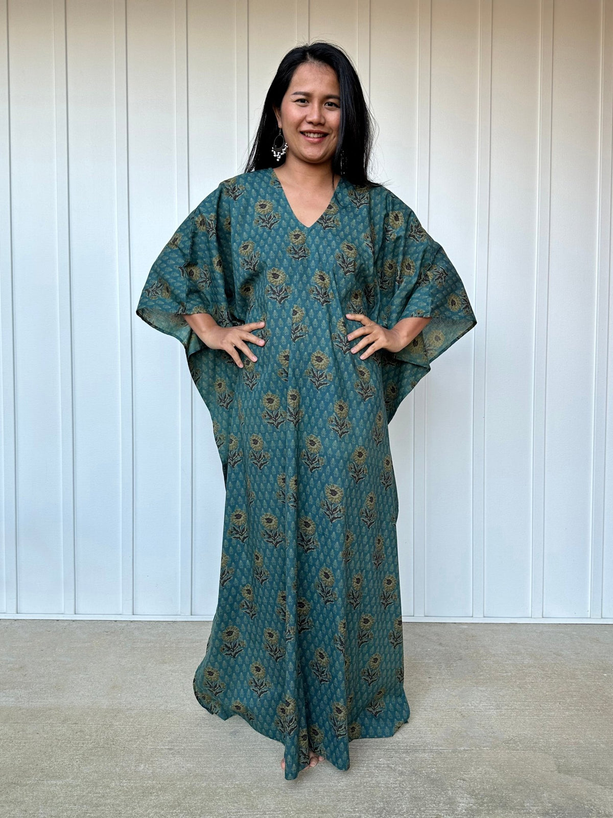 MALA handworks  Evelyn Kaftan in Teal Blue and Floral Pattern