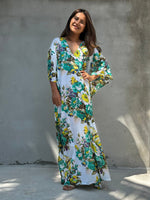 Evelyn Cotton Kaftan in White & Green Floral-E-78-50-Mala Handworks
