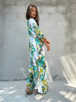 Evelyn Cotton Kaftan in White & Green Floral-E-78-50-Mala Handworks