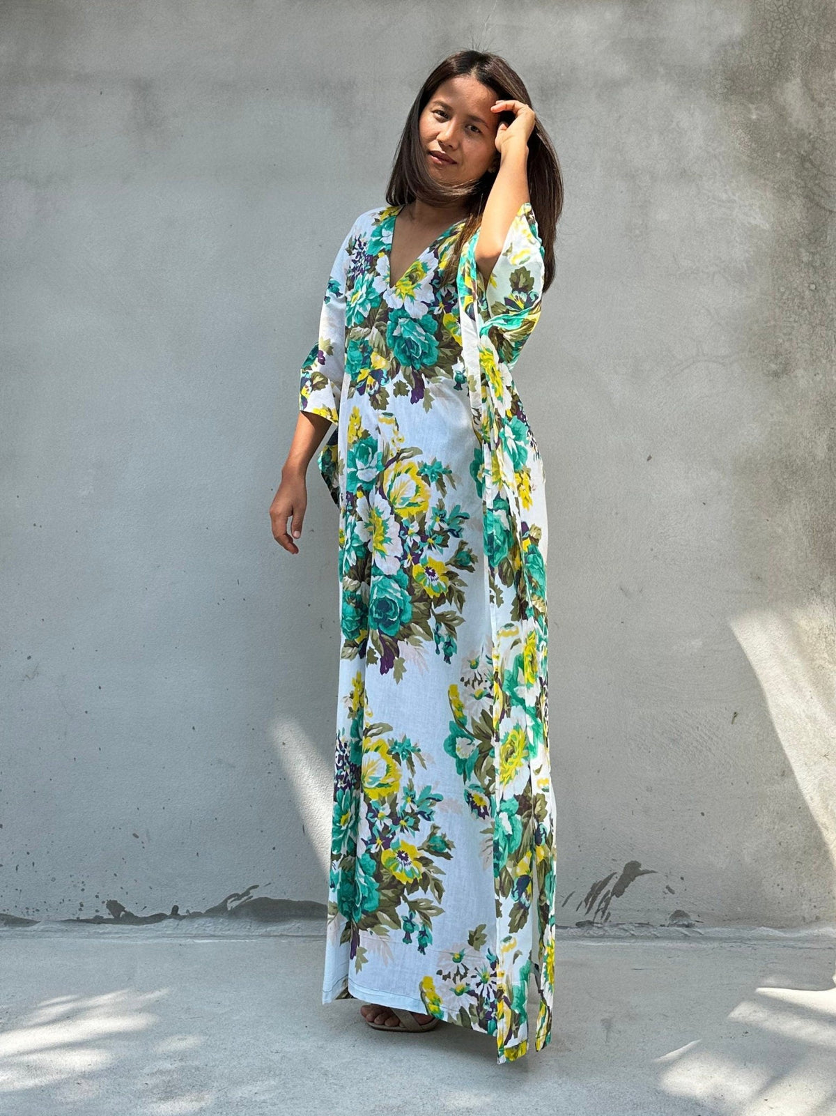 Evelyn Cotton Kaftan in White & Green Floral-E-78-50-Mala Handworks