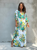 Evelyn Cotton Kaftan in White & Green Floral-E-78-50-Mala Handworks