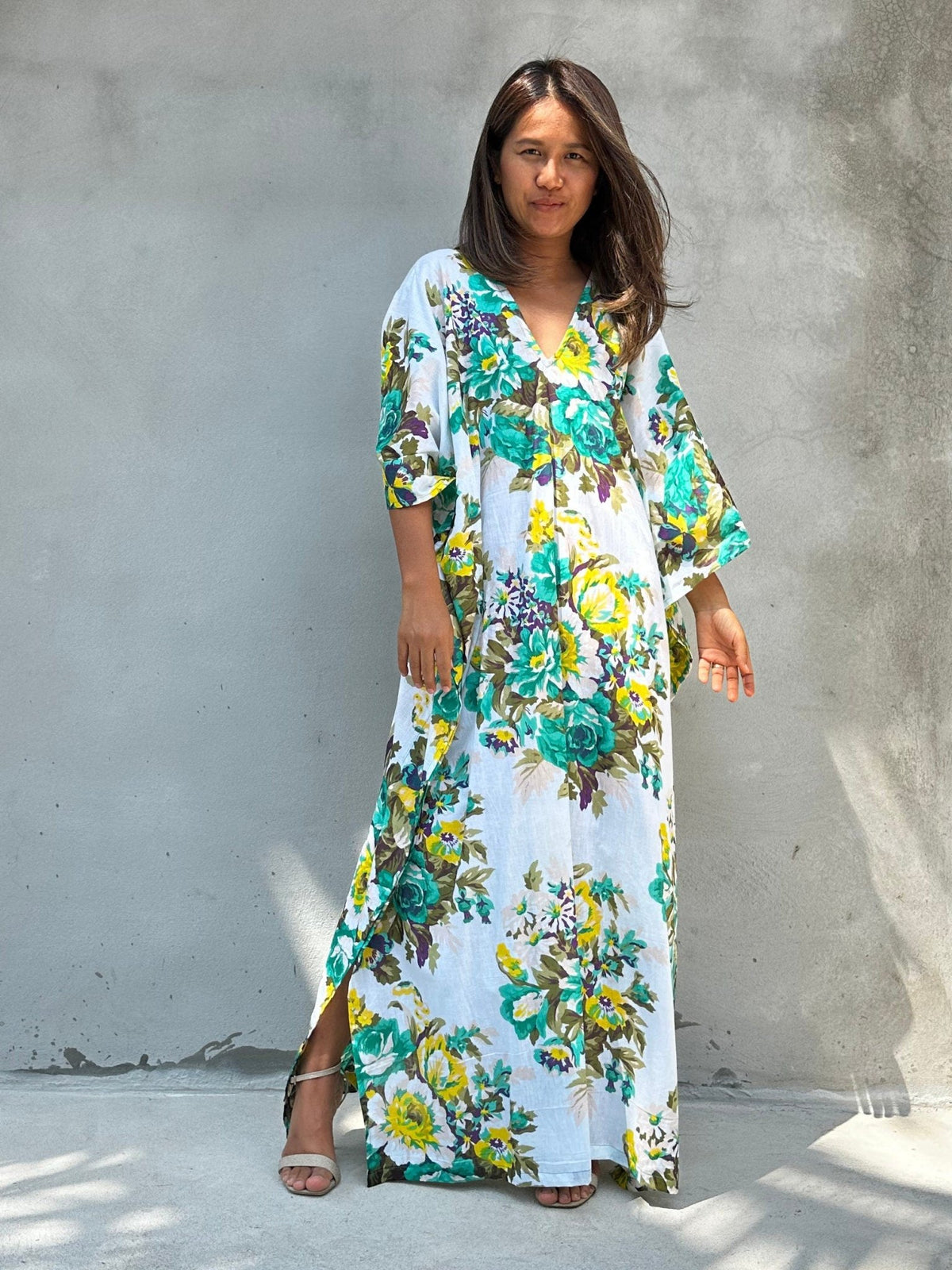 Evelyn Cotton Kaftan in White & Green Floral-E-78-50-Mala Handworks