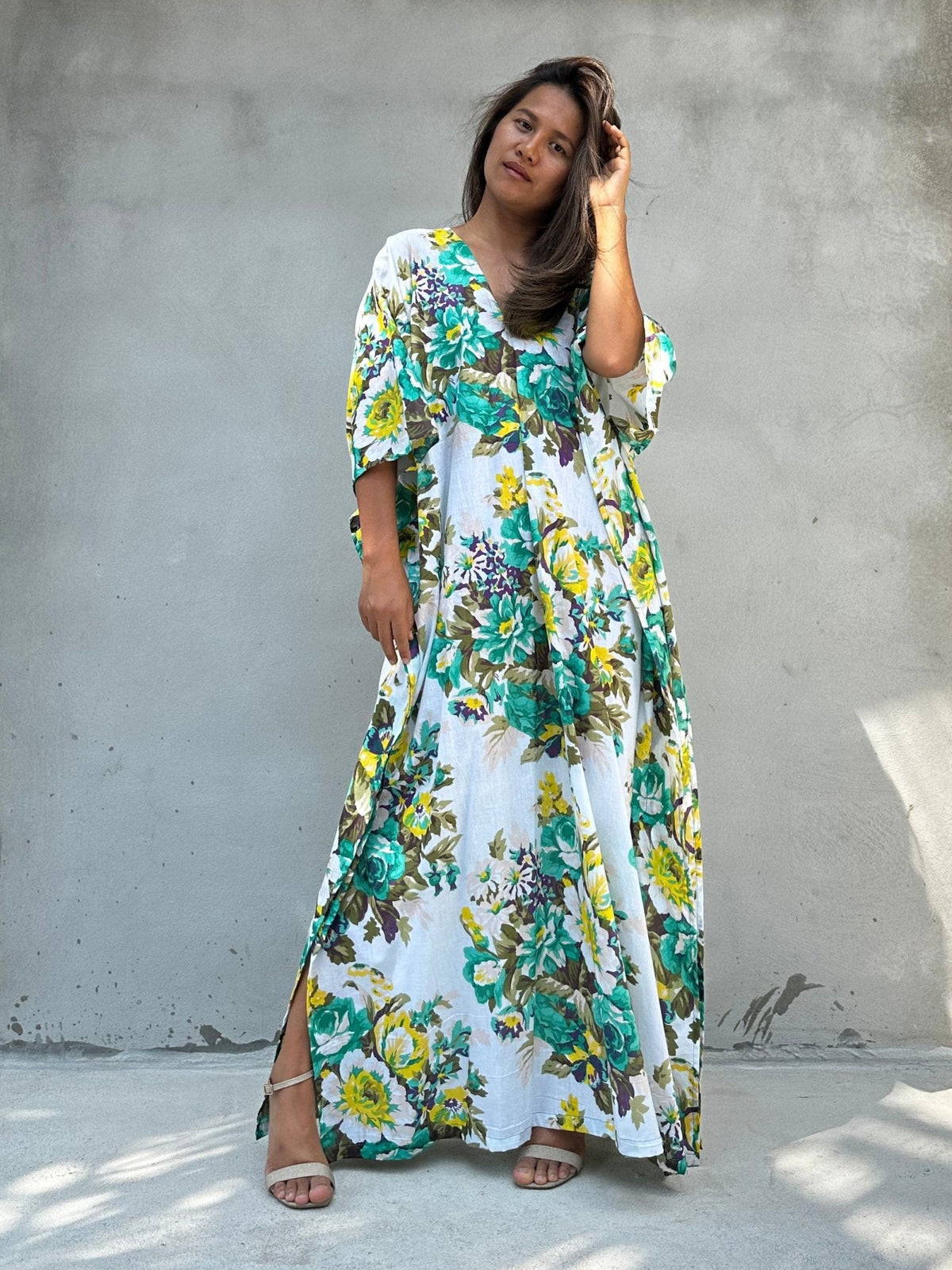 Evelyn Cotton Kaftan in White & Green Floral-E-78-50-Mala Handworks