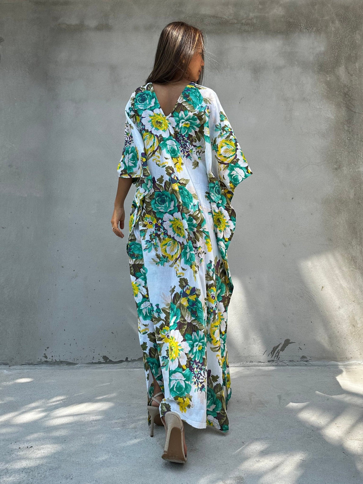 Evelyn Cotton Kaftan in White & Green Floral-E-78-50-Mala Handworks