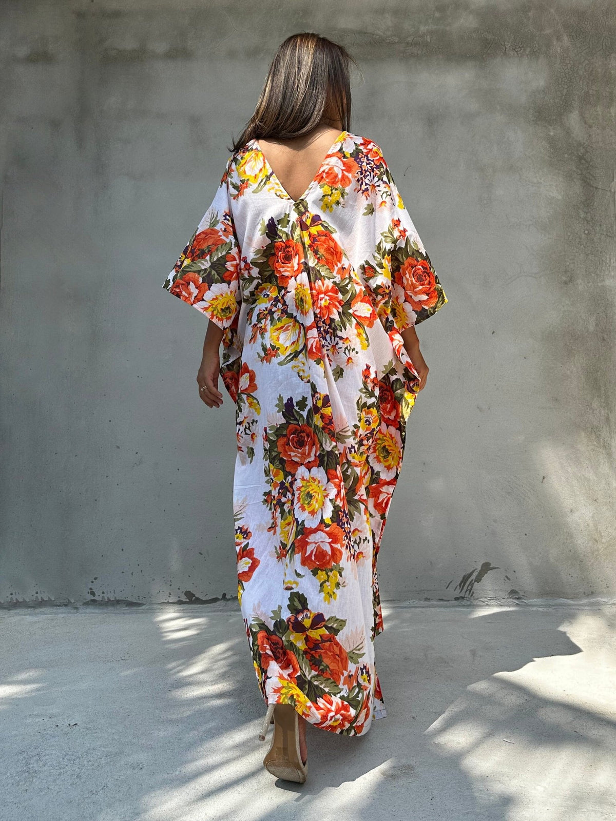 Evelyn Cotton Kaftan in White & Orange Floral-E-79-Mala Handworks