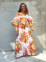 Evelyn Cotton Kaftan in White & Orange Floral-E-79-Mala Handworks