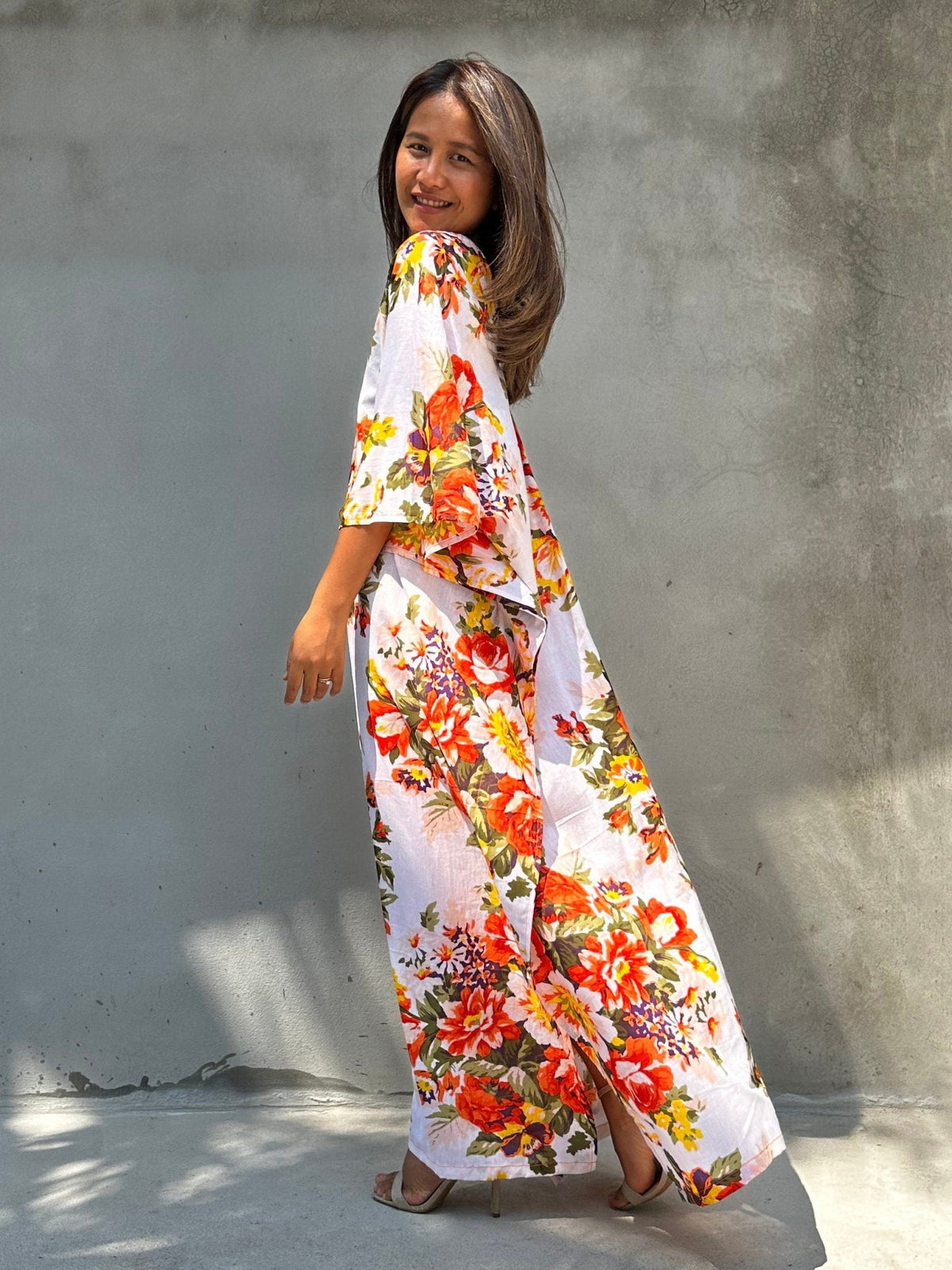 Evelyn Cotton Kaftan in White & Orange Floral-E-79-Mala Handworks
