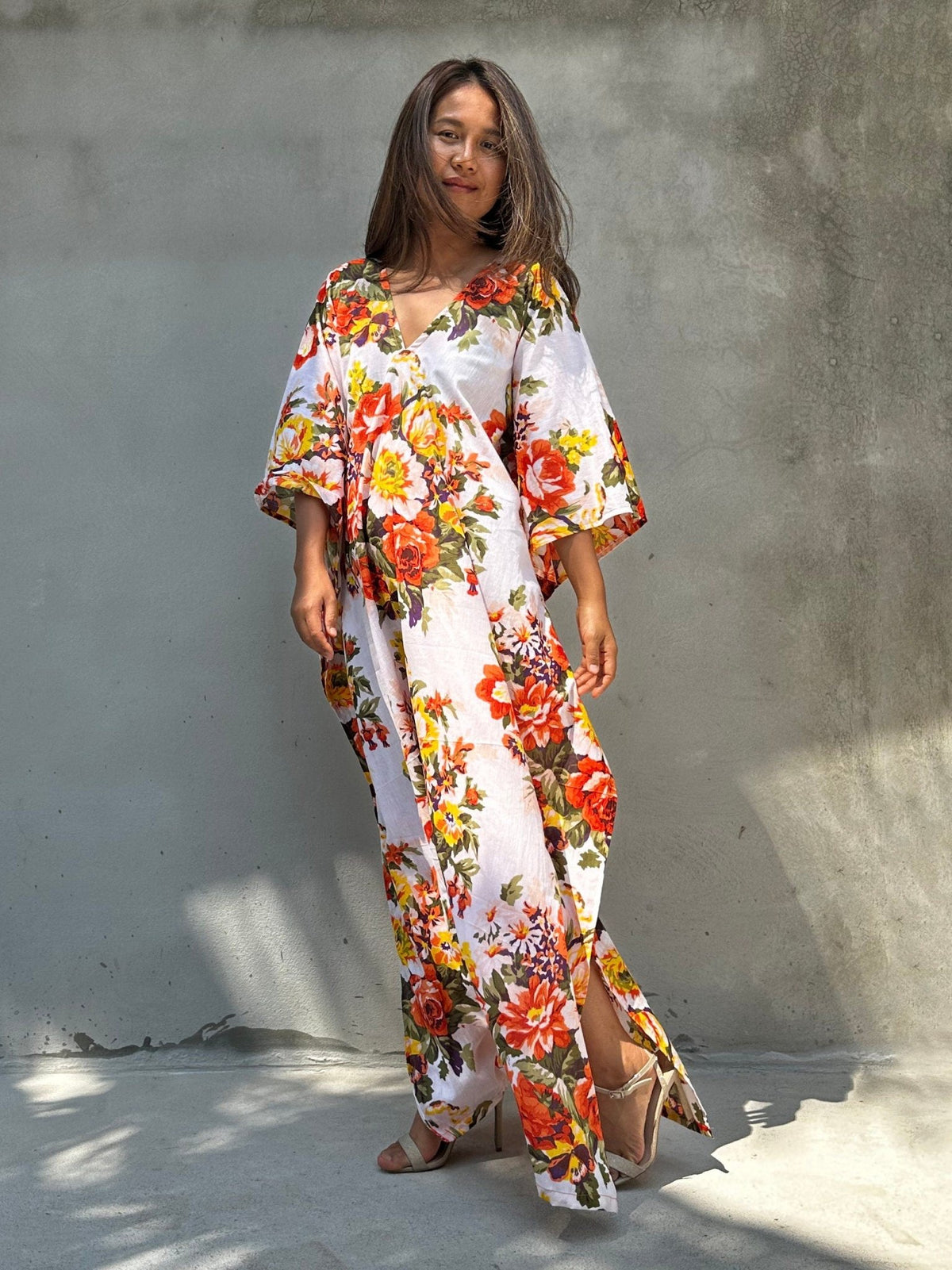 Evelyn Cotton Kaftan in White & Orange Floral-E-79-Mala Handworks