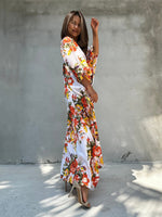 Evelyn Cotton Kaftan in White & Orange Floral-E-79-Mala Handworks