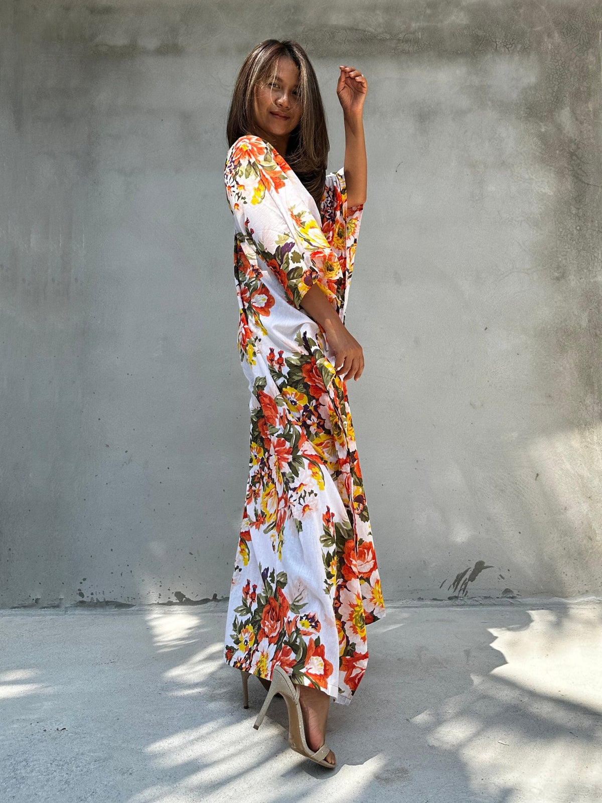 Evelyn Cotton Kaftan in White & Orange Floral-E-79-Mala Handworks