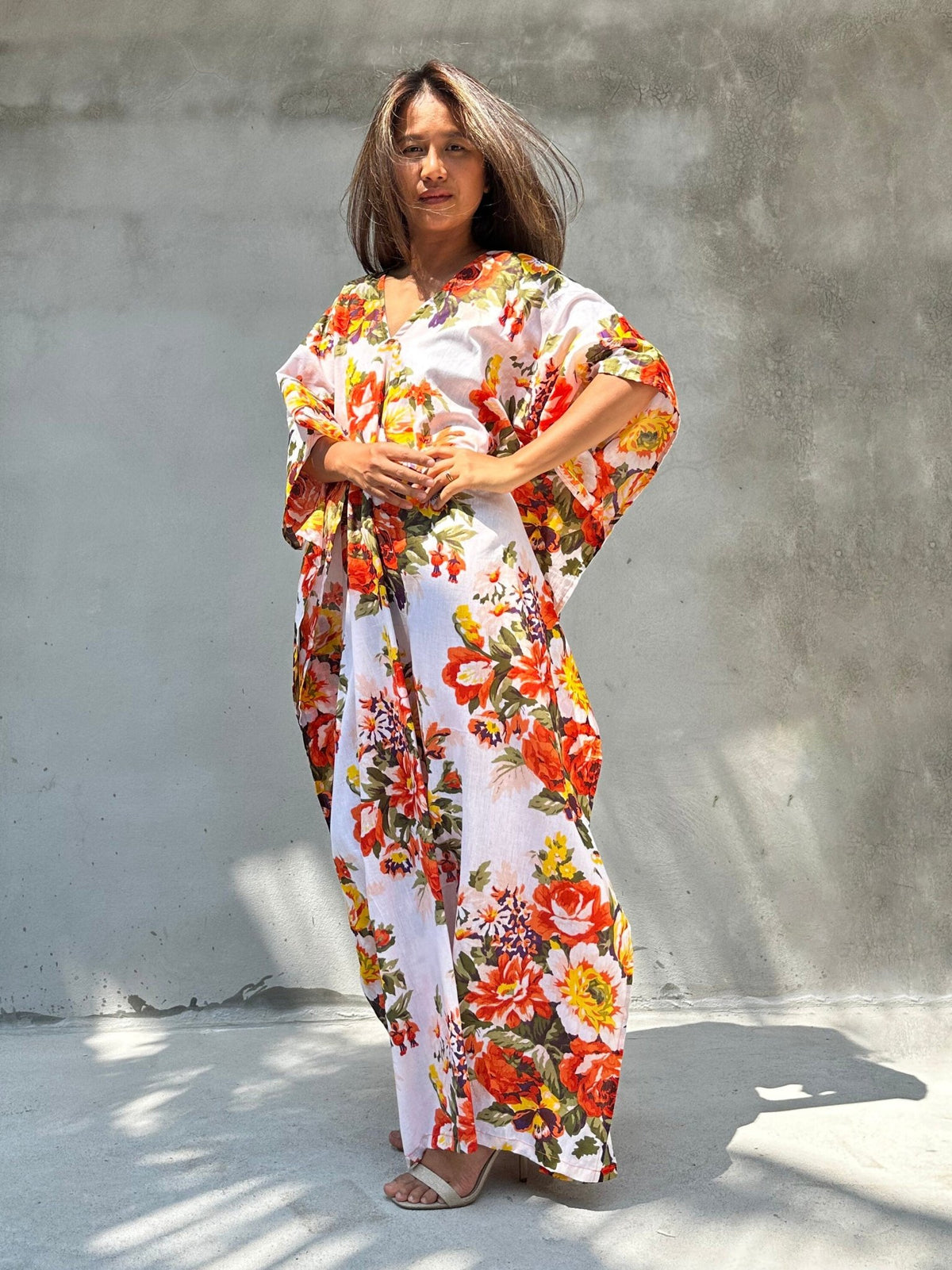 Evelyn Cotton Kaftan in White & Orange Floral-E-79-Mala Handworks