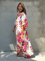 Evelyn Cotton Kaftan in White & Pink Floral Print - Mala Handworks