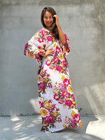 Evelyn Cotton Kaftan in White & Pink Floral Print - Mala Handworks
