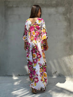 Evelyn Cotton Kaftan in White & Pink Floral Print - Mala Handworks