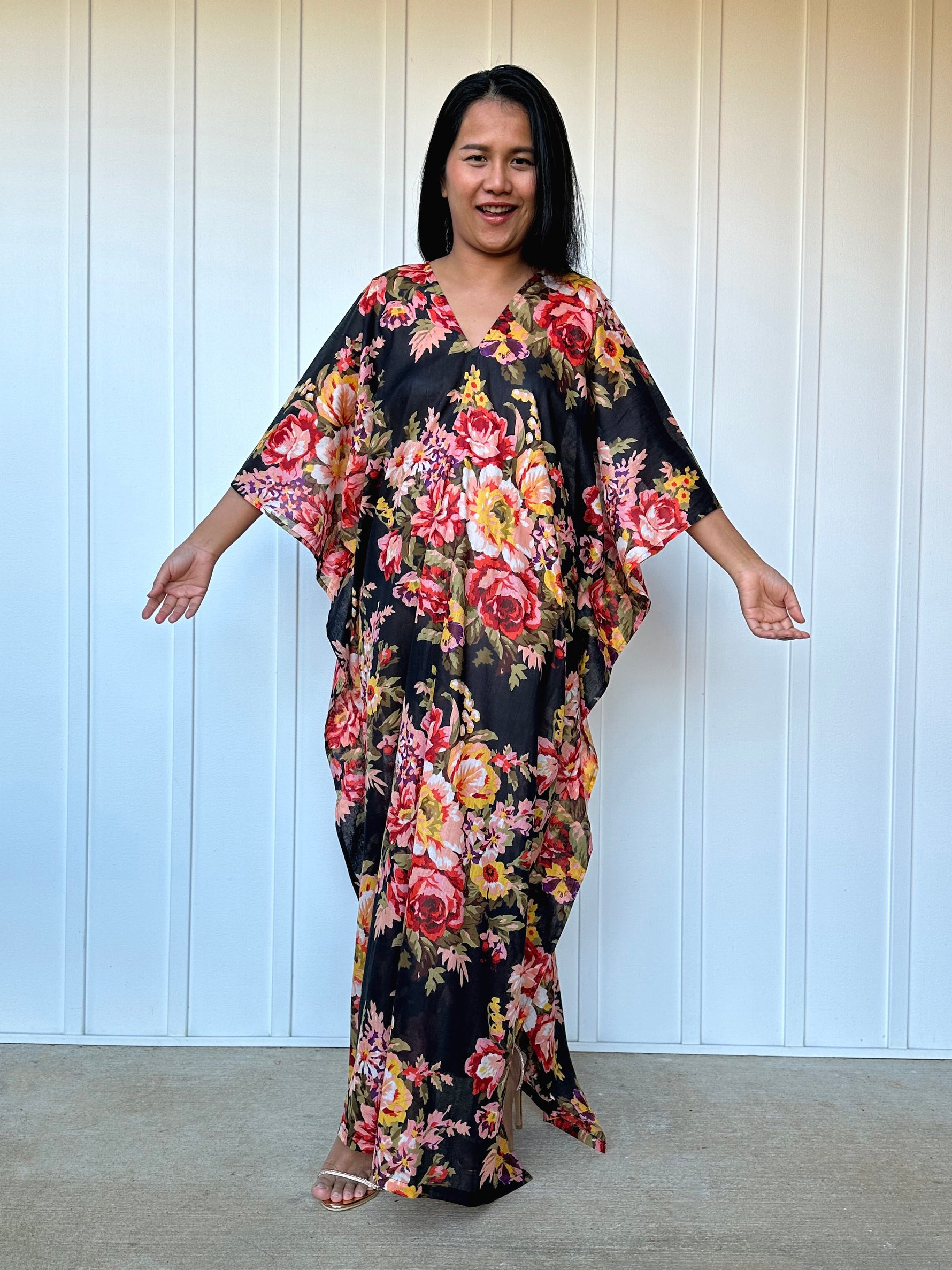 MALA handworks  Evelyn Kaftan in Black and Floral Pattern