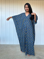 MALA handworks  Evelyn Kaftan in Blue and Floral Pattern
