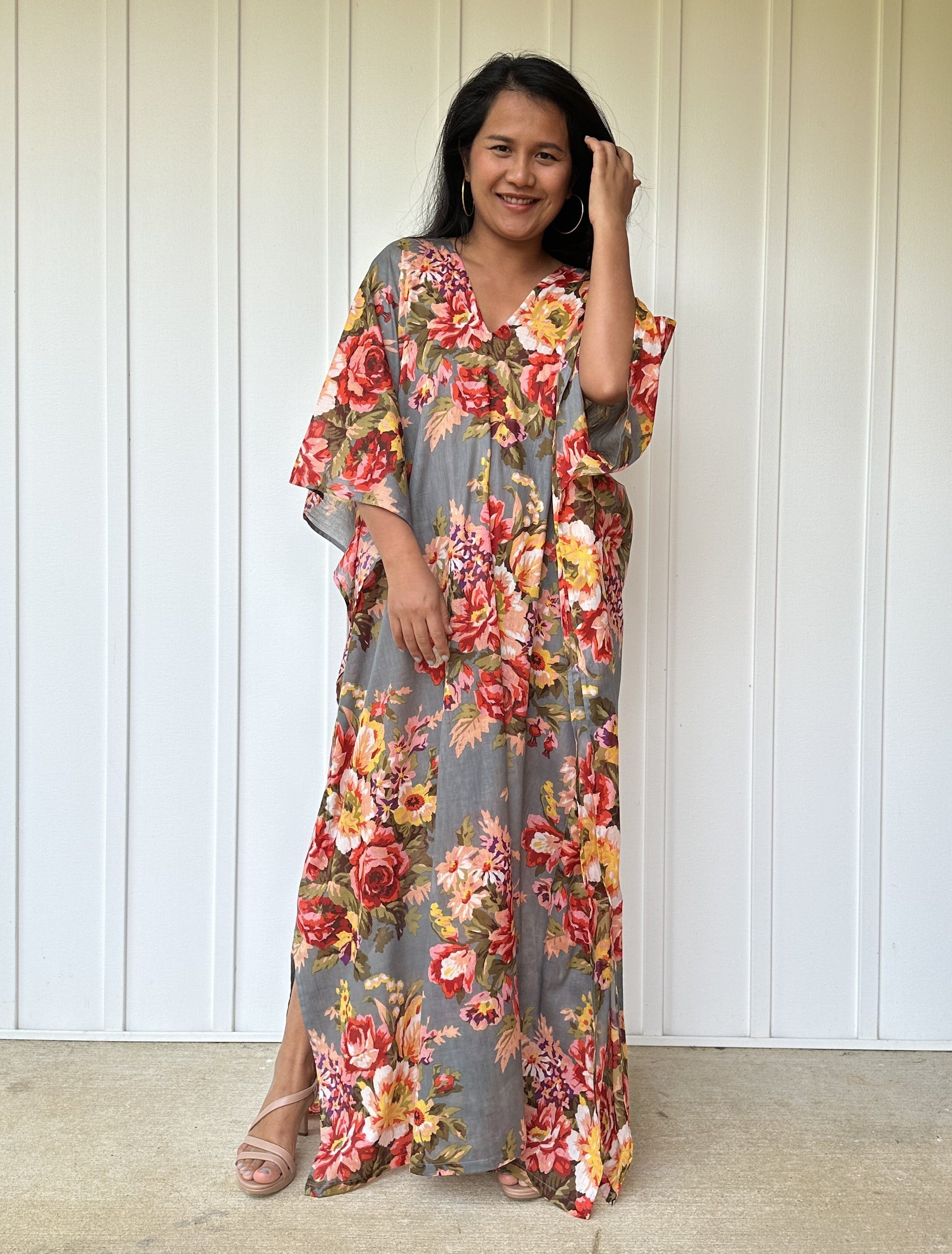 MALA handworks  56 Evelyn Kaftan in Gray and Floral Pattern