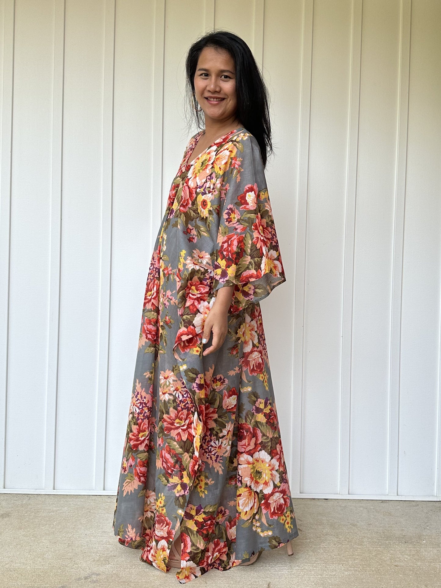 MALA handworks  56 Evelyn Kaftan in Gray and Floral Pattern