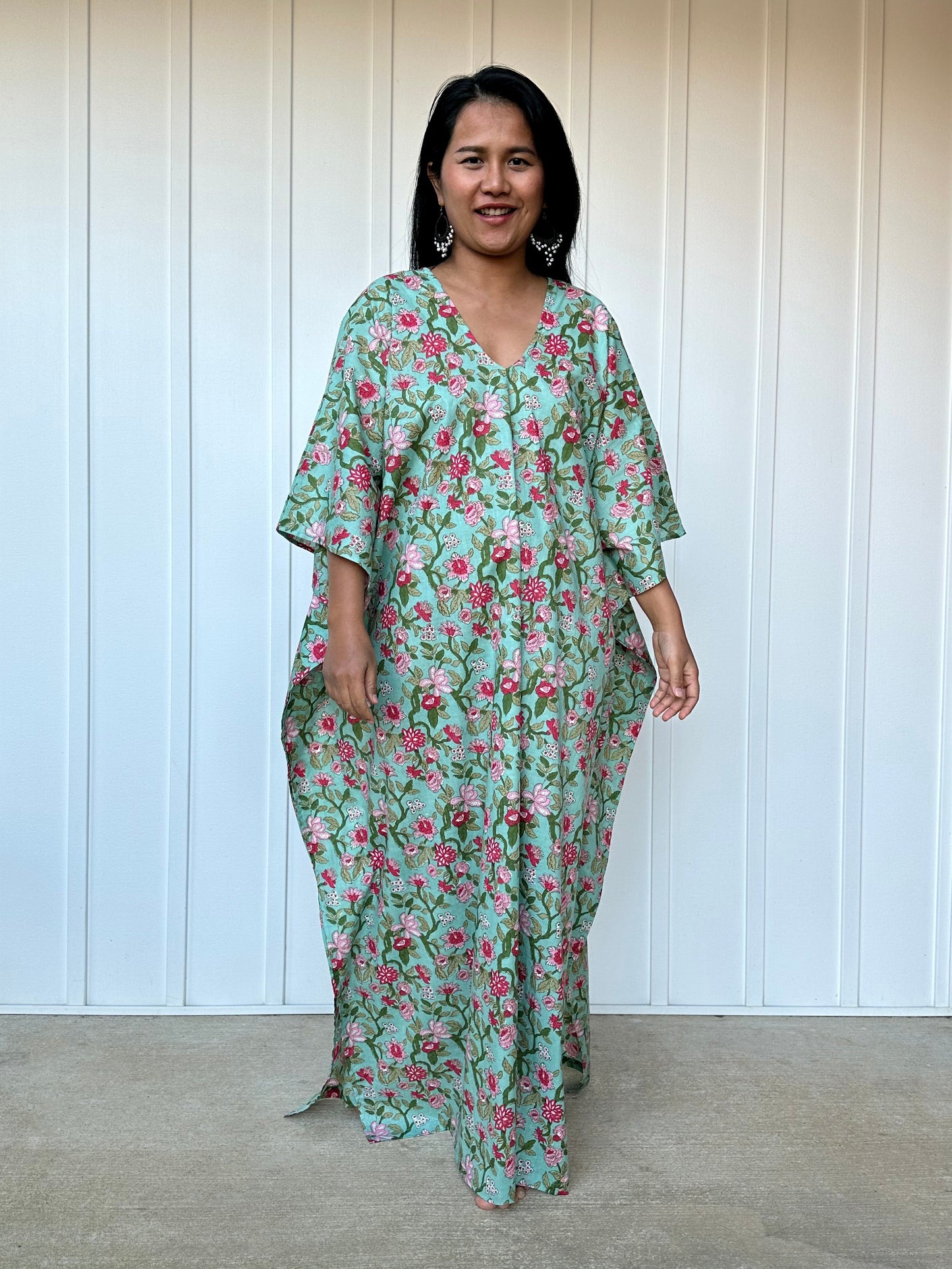 MALA handworks Evelyn Kaftan in Green and Floral Pattern