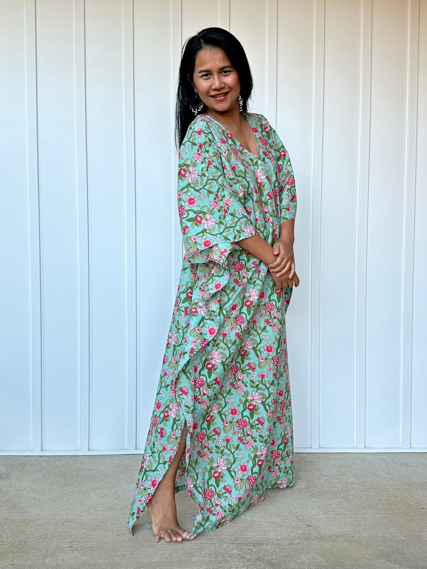 MALA handworks Evelyn Kaftan in Green and Floral Pattern