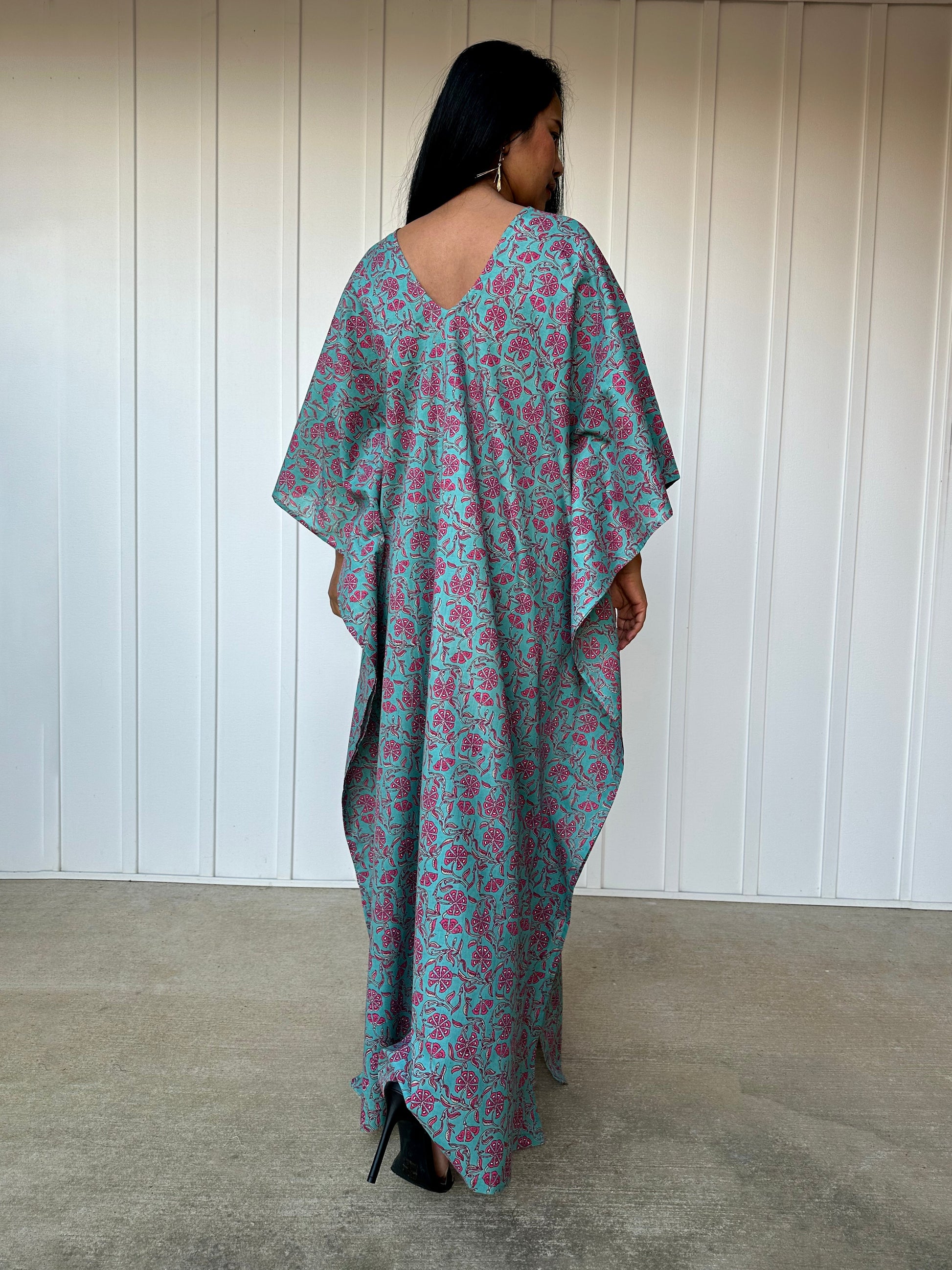 MALA handworks  Evelyn Kaftan in Green and Floral Pattern