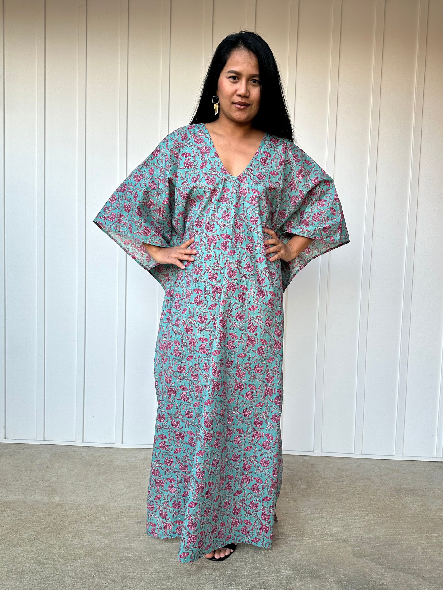 MALA handworks  Evelyn Kaftan in Green and Floral Pattern
