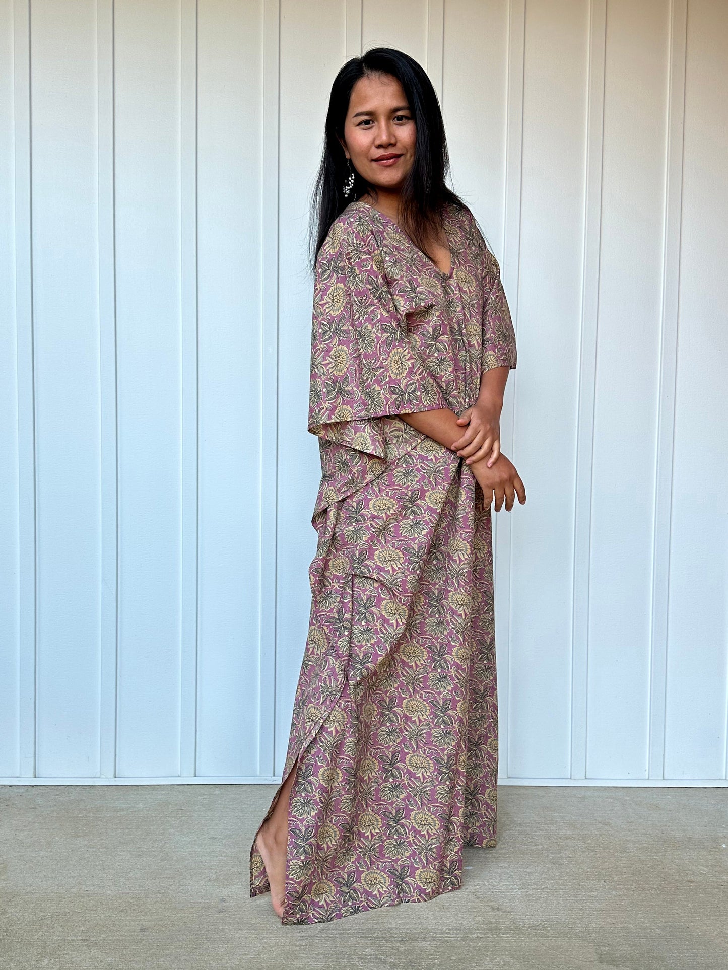 MALA handworks  Evelyn Kaftan in Lavender and Floral Pattern