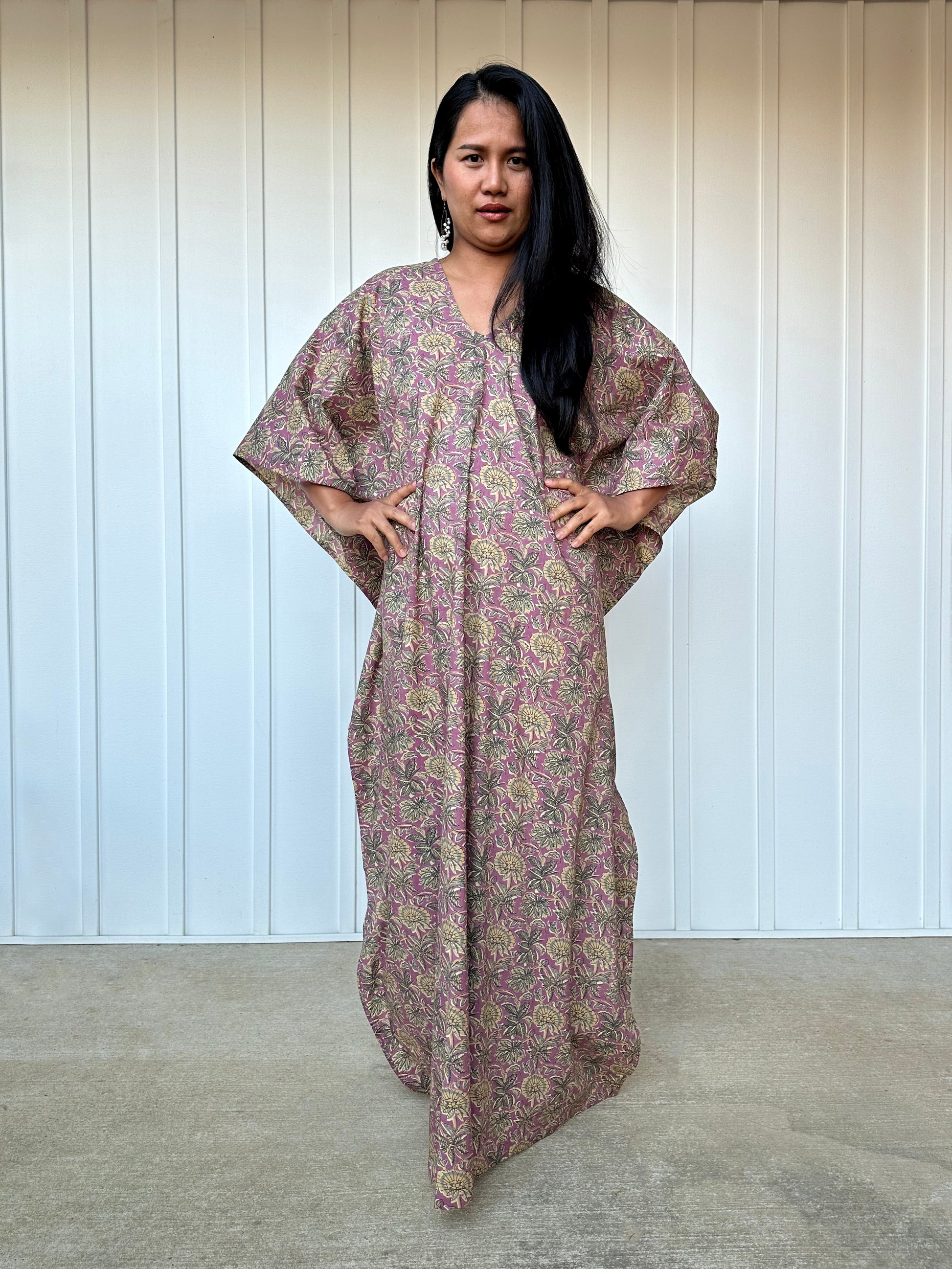 MALA handworks  Evelyn Kaftan in Lavender and Floral Pattern