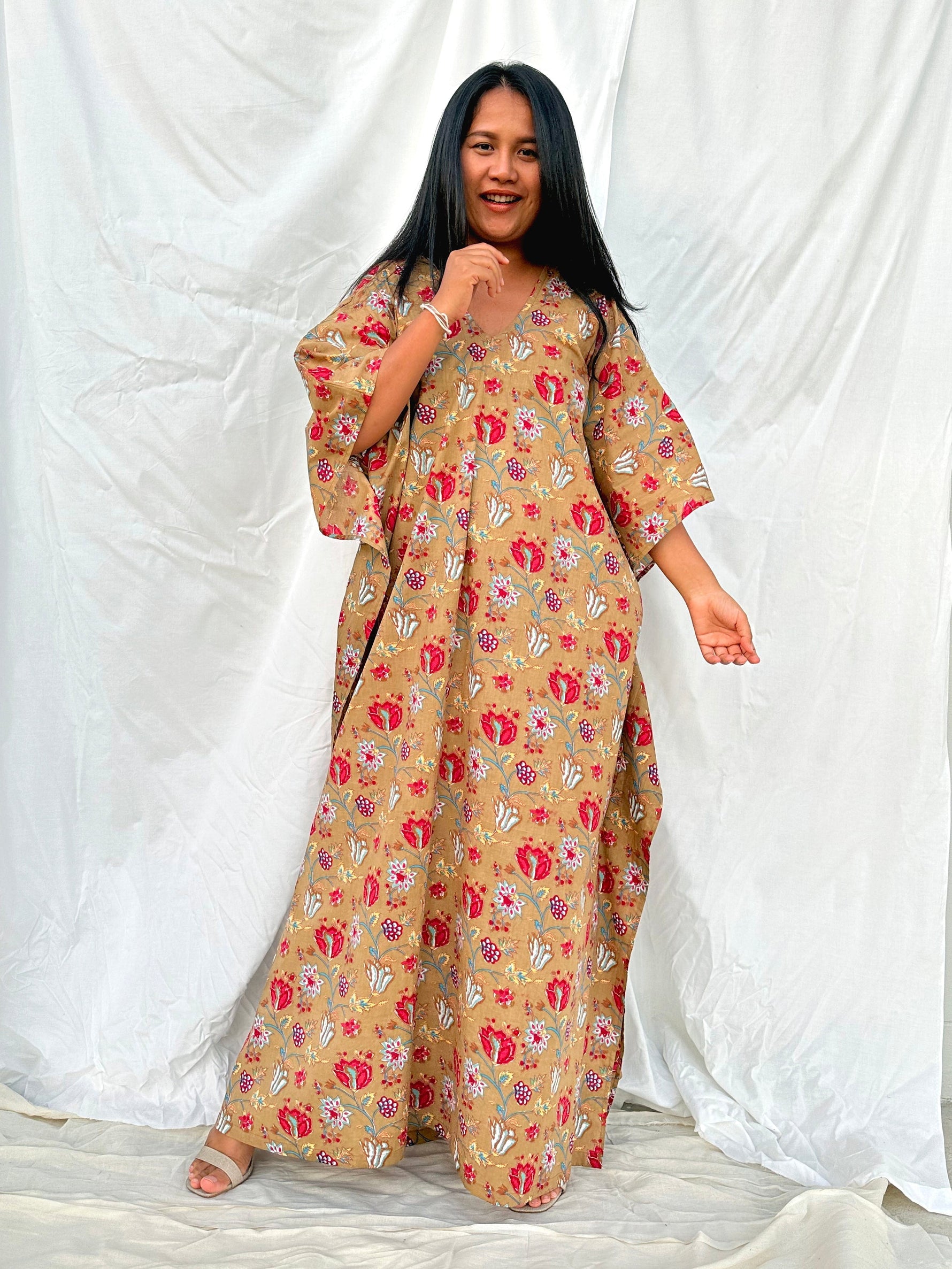 MALA handworks  56 Evelyn Kaftan in Light Brown and Floral Pattern