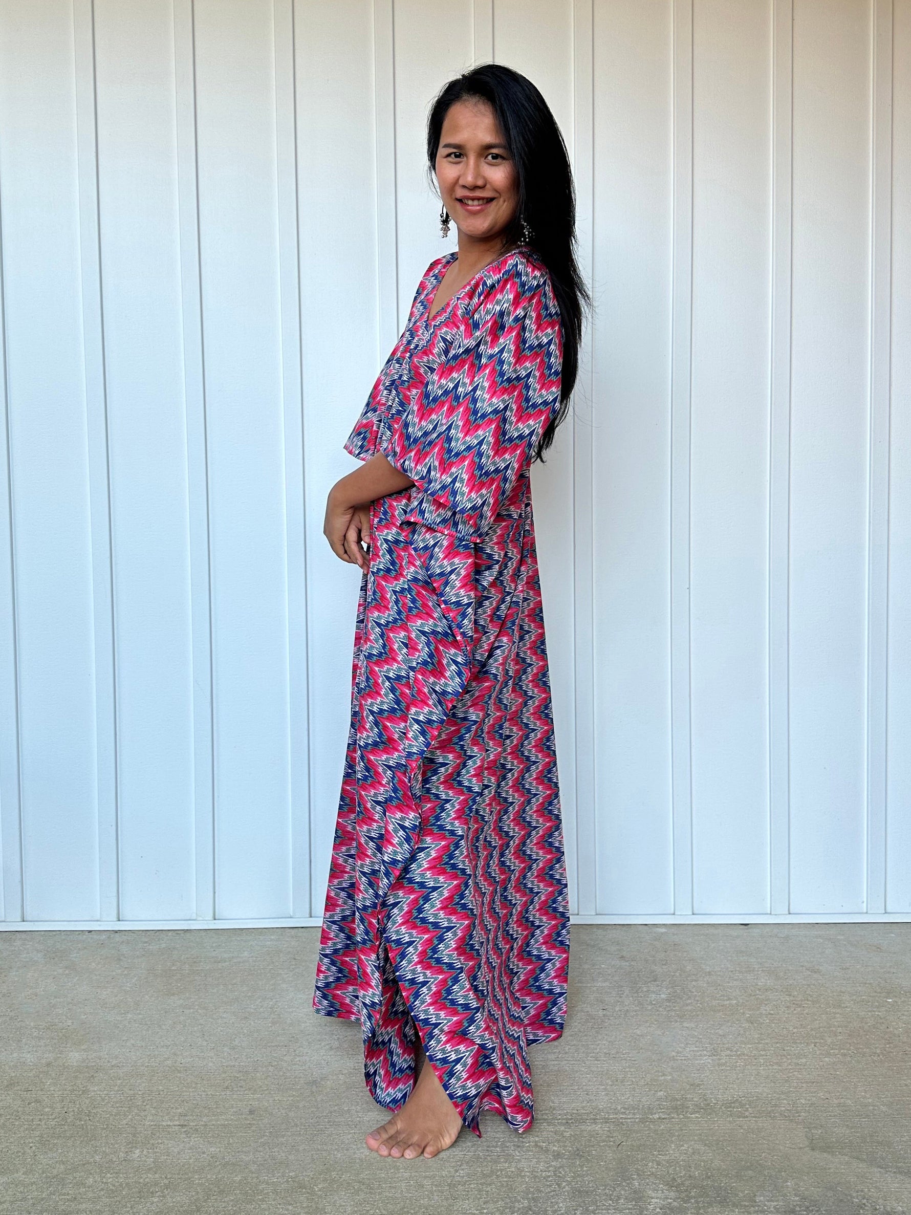 MALA handworks  Evelyn Kaftan in Red and Blue Abstract Pattern