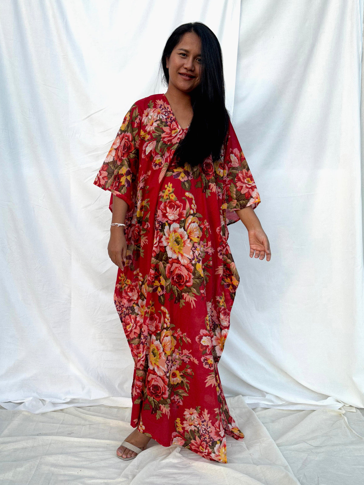 MALA handworks  56 Evelyn Kaftan in Red and Floral Pattern
