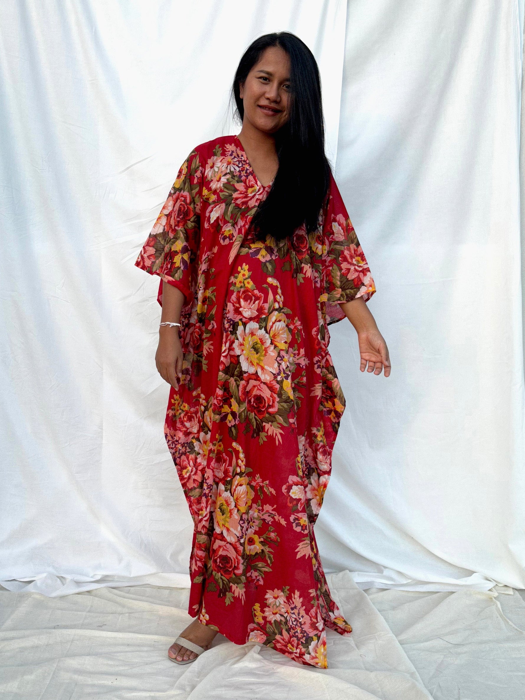 MALA handworks  56 Evelyn Kaftan in Red and Floral Pattern