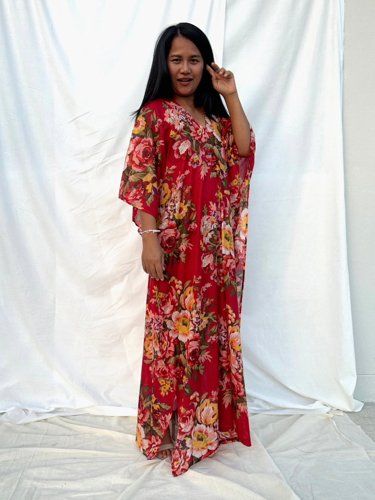 MALA handworks  56 Evelyn Kaftan in Red and Floral Pattern