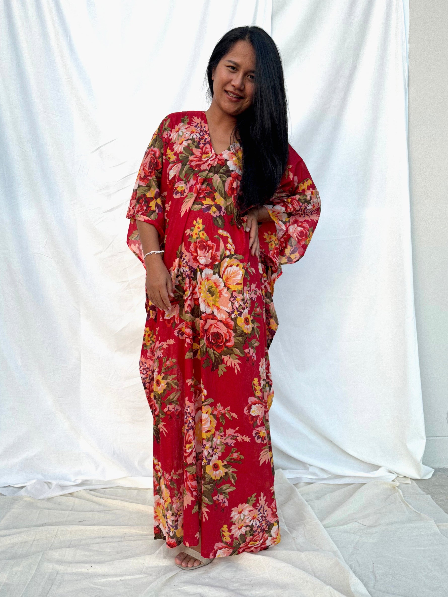 MALA handworks  56 Evelyn Kaftan in Red and Floral Pattern