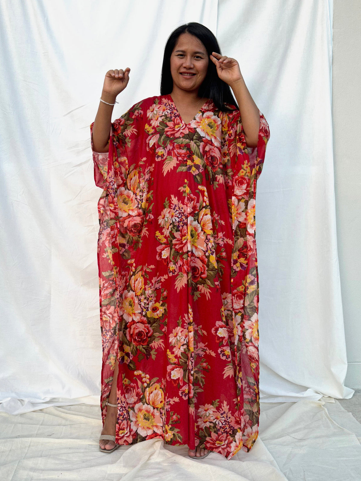 MALA handworks  56 Evelyn Kaftan in Red and Floral Pattern