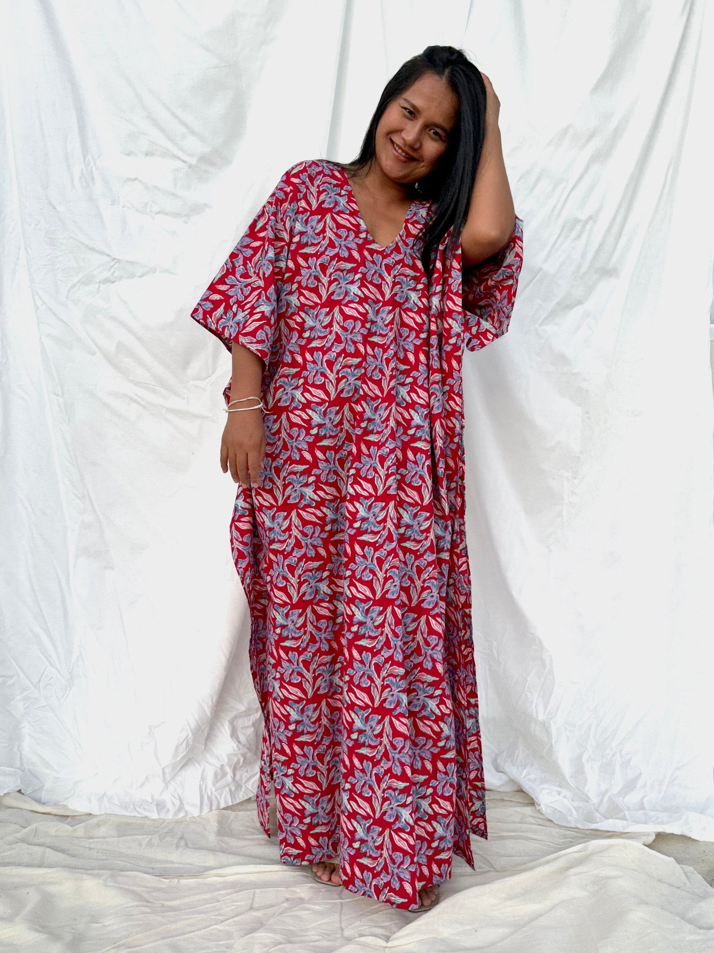 MALA handworks  56 Evelyn Kaftan in Red and Floral Pattern