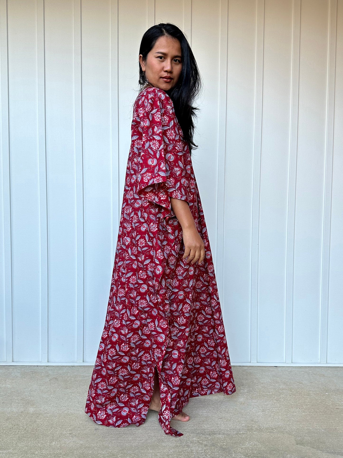 MALA handworks  Evelyn Kaftan in Red and Floral Pattern