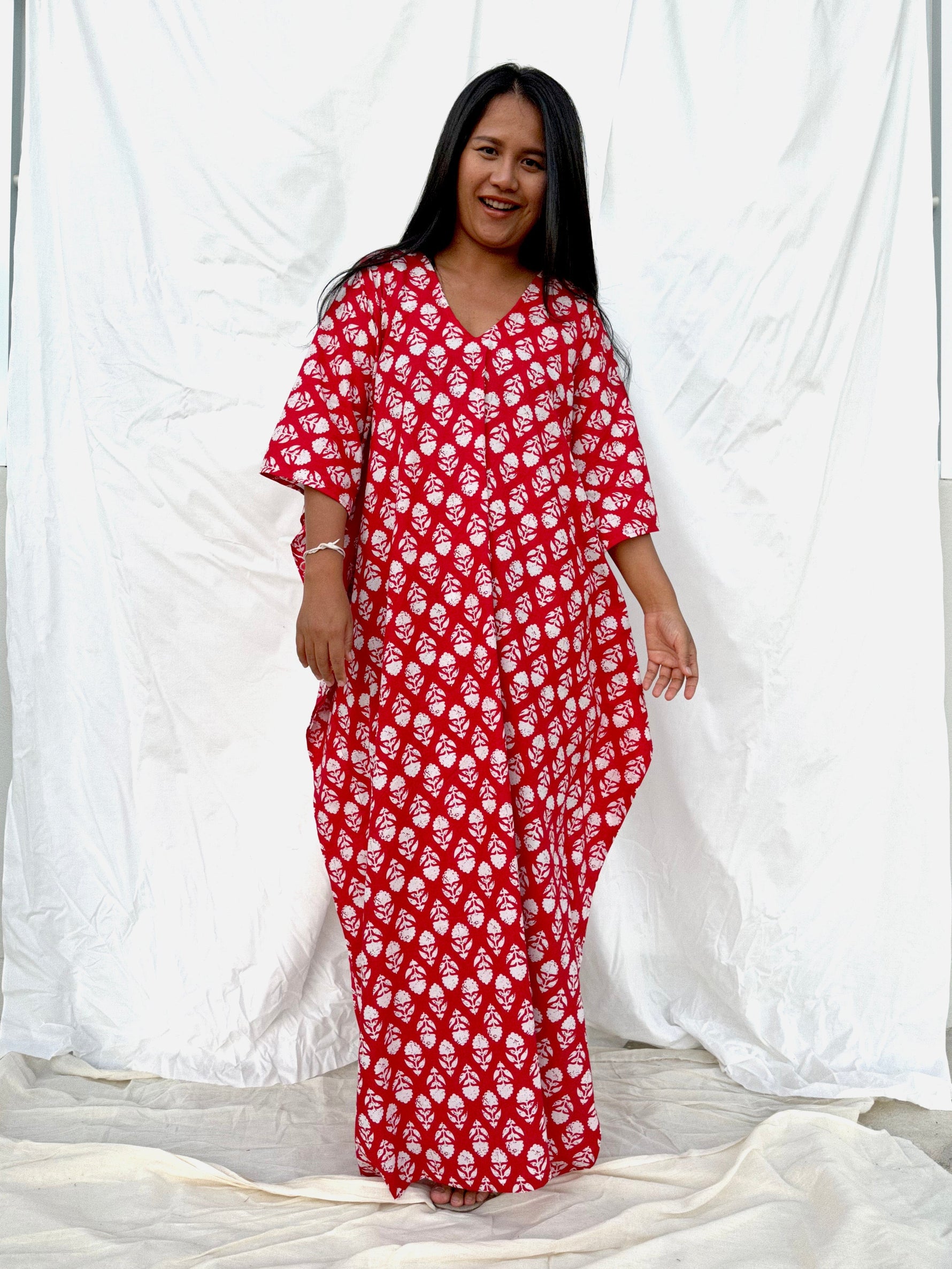 MALA handworks  56 Evelyn Kaftan in Red and White Pattern