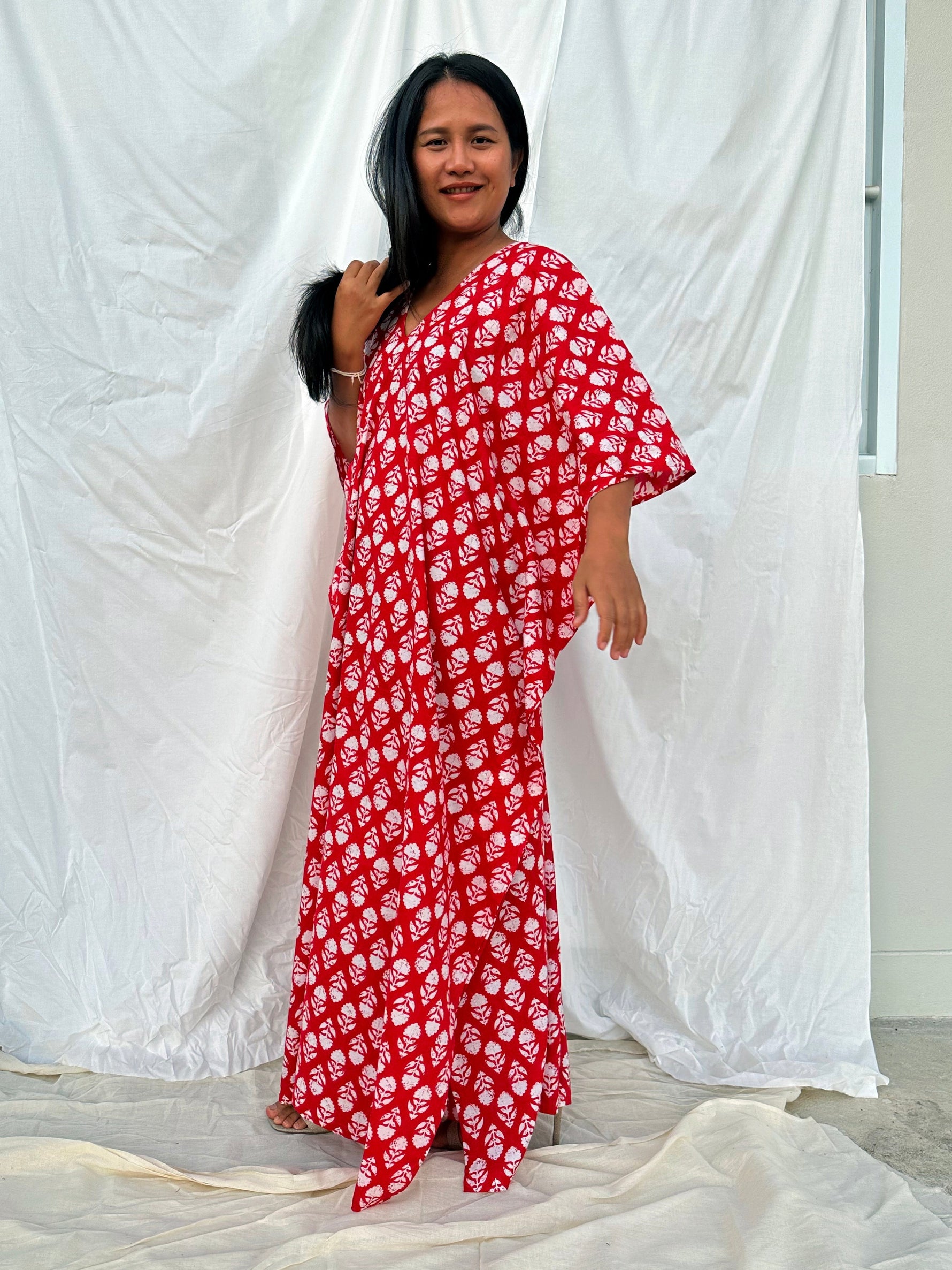 MALA handworks  56 Evelyn Kaftan in Red and White Pattern
