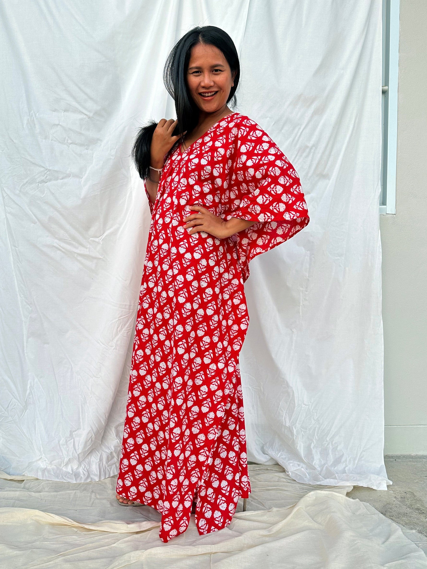 MALA handworks  56 Evelyn Kaftan in Red and White Pattern