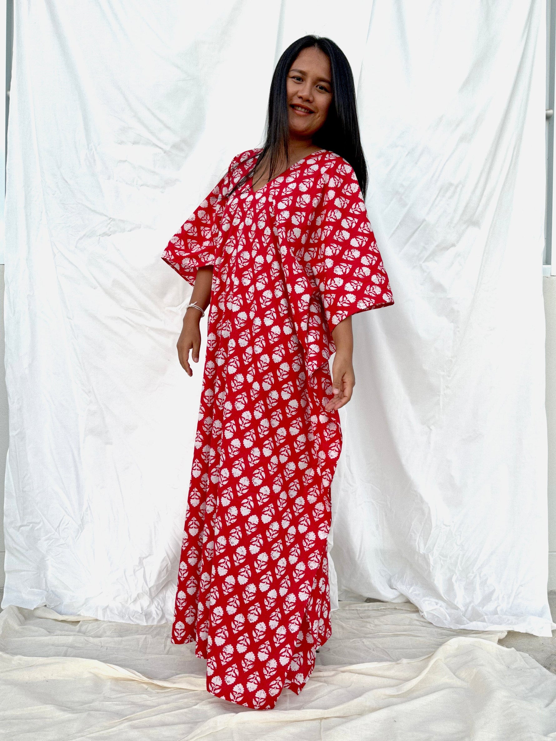 MALA handworks  56 Evelyn Kaftan in Red and White Pattern
