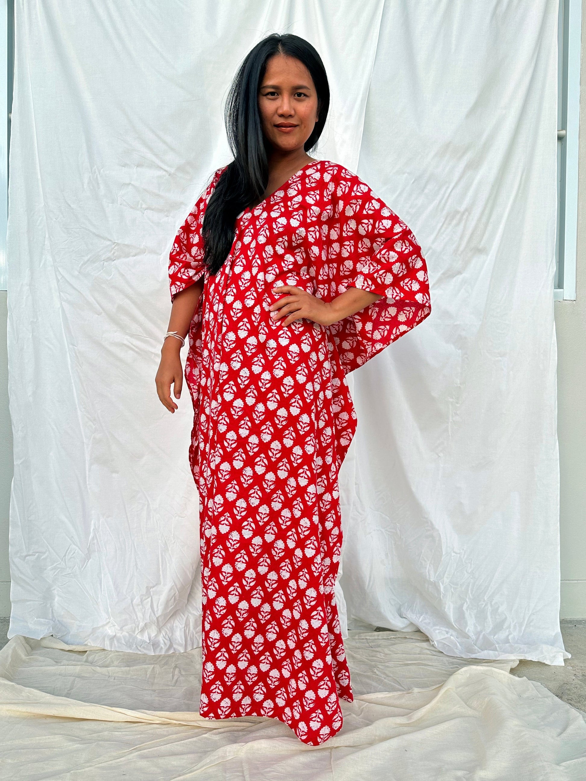 MALA handworks  56 Evelyn Kaftan in Red and White Pattern